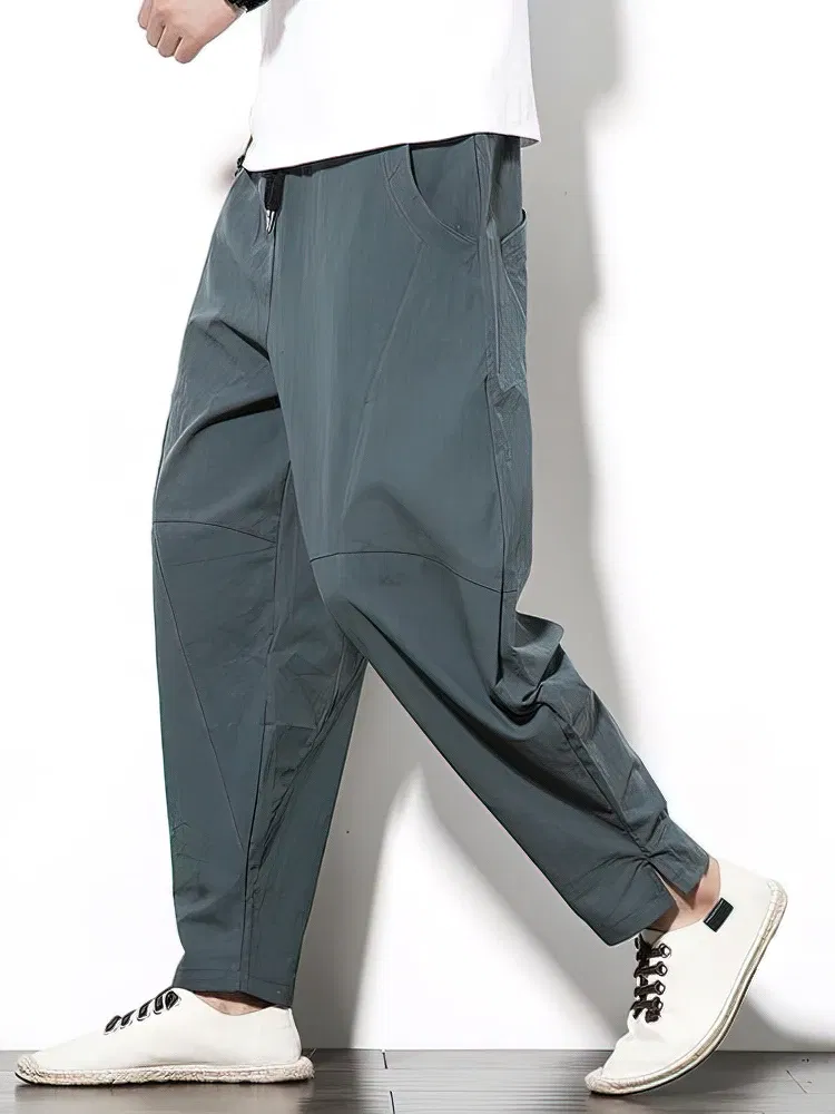 Color: green, Size: XXL - 100% Cotton Linen Pants Men Baggy Casual Trousers Male Walking Wide leg Loose Sweatpants Chinese Summer Jogger Pants 2025 New