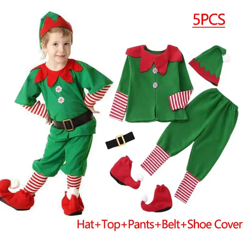 Color: black, Kid Size: 4T - New Year Kids Santa Claus Costume Green Elf Cosplay Christmas Carnival Party Fancy Dress for Girls Boys Red Xmas Clothes Set