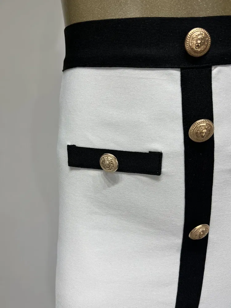 Color: WHITE, Size: L - New Arrival Women Button Patchwork White Black Bodycon Bandage Skirt 2024 Designer High Waist Party Club Pencil Skirt 60cm