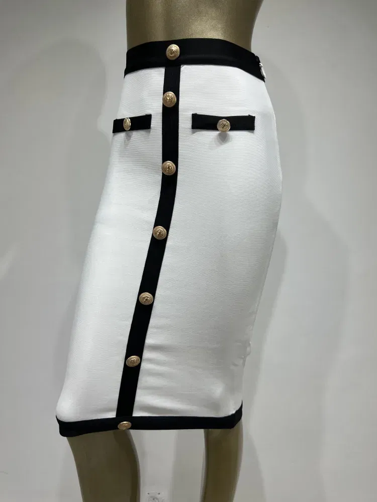Color: WHITE, Size: L - New Arrival Women Button Patchwork White Black Bodycon Bandage Skirt 2024 Designer High Waist Party Club Pencil Skirt 60cm