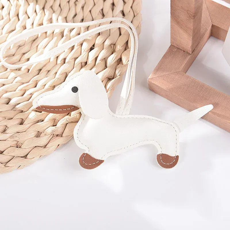 Color: WHITE - Classic Cute Puppy Dog Bag Pendant Key chain Fashion PU Leather Dachshund key Ring Accessories