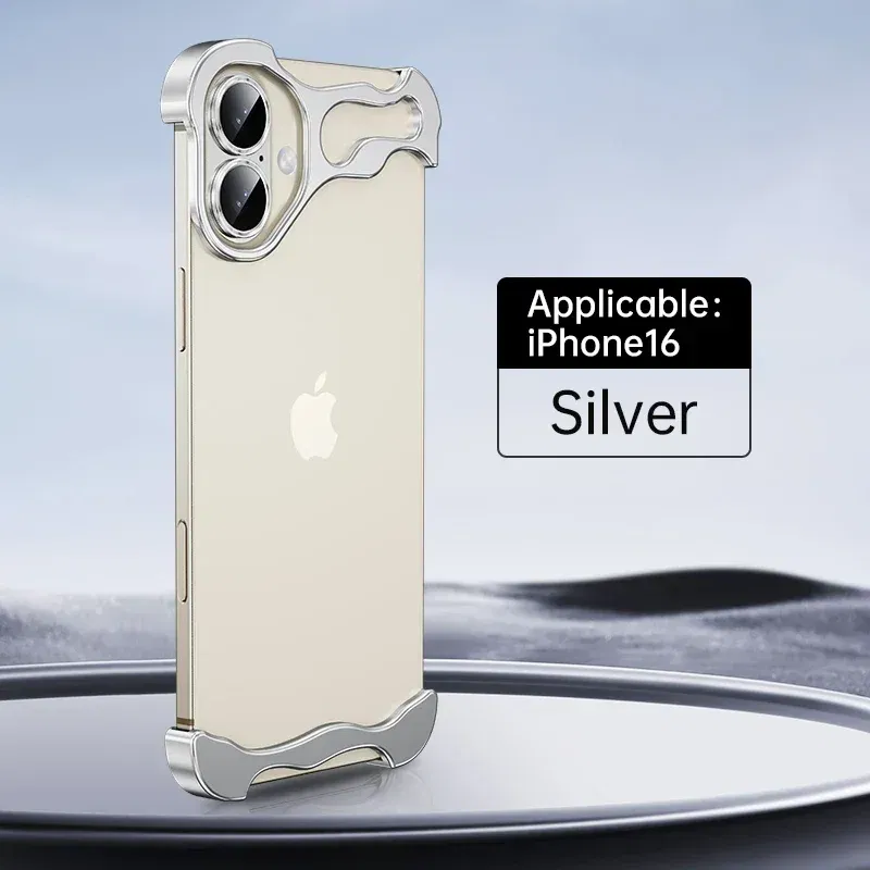 Color: WHITE, Material: Vinyl - Aluminum Metal Rimless Phone Case for iPhone 16 15 14 Plus 13 12 Pro Max Lens Protective Film Hollow Logo Cooling Accessory Case