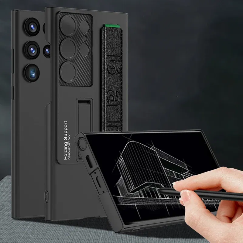 Color: black, Material: ABS - S24 Ultra Wrist Strap Holder Case For Samsung Galaxy S23 Ultra Carbon Fiber Shockproof Armor Camera Protector Kickstand Cover