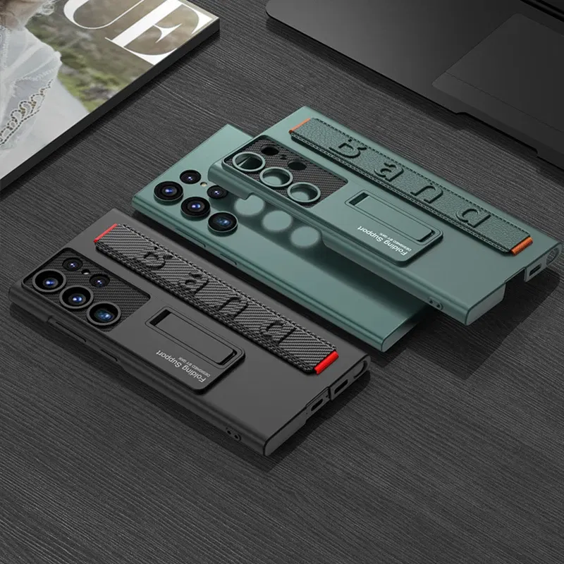 Color: black, Material: ABS - S24 Ultra Wrist Strap Holder Case For Samsung Galaxy S23 Ultra Carbon Fiber Shockproof Armor Camera Protector Kickstand Cover