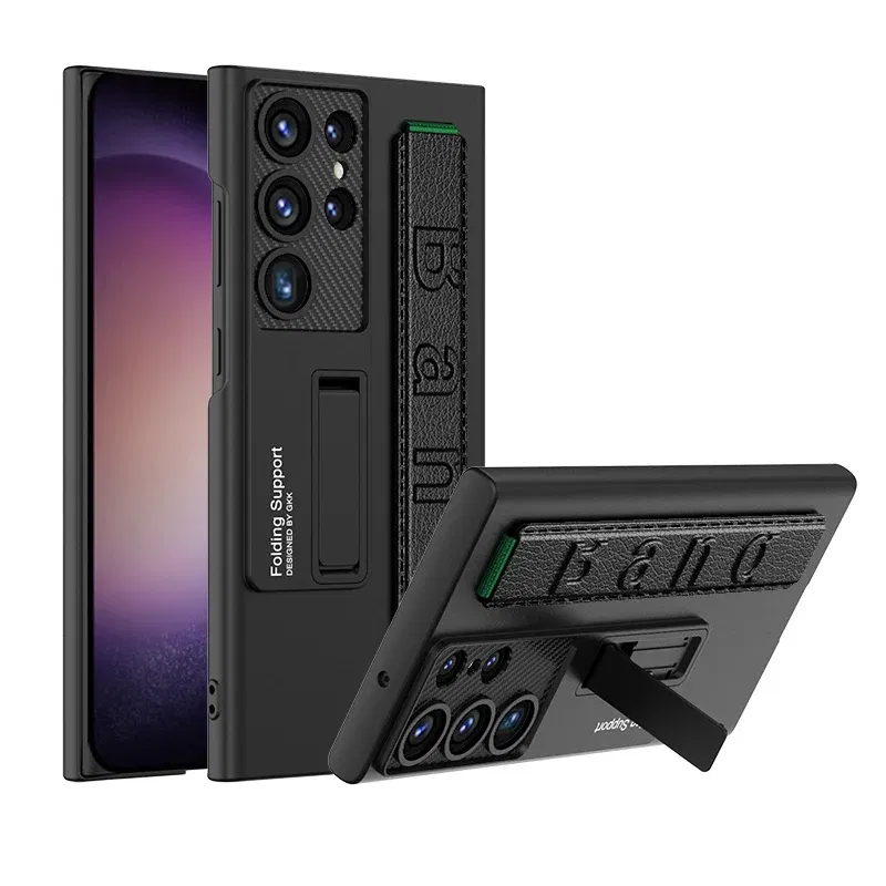 Color: black, Material: ABS - S24 Ultra Wrist Strap Holder Case For Samsung Galaxy S23 Ultra Carbon Fiber Shockproof Armor Camera Protector Kickstand Cover