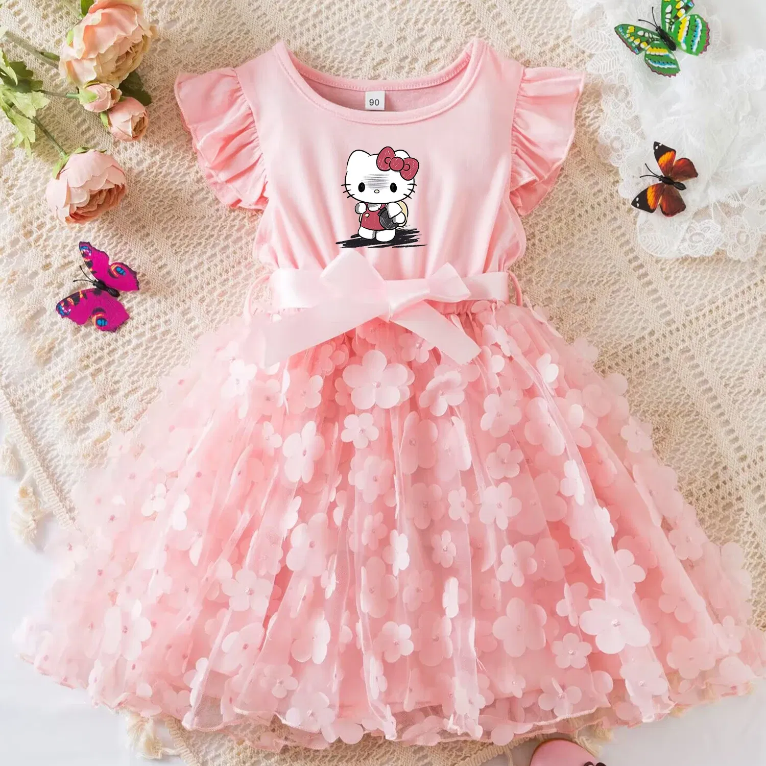 Color: Brown, Size: S - Hello Kitty Summer Dress for Kid's Casual Clothes 3D Butterfly Cute Baby Girls Princess Dress Party Dresses 2-6 Yrs