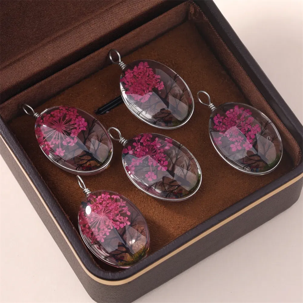 Metal color: Red - 5Pcs Time Gemstone Starry Dried Flower Pendant Round Dried Flower Glass Pendant DIY Necklace Pendant Jewelry Accessories