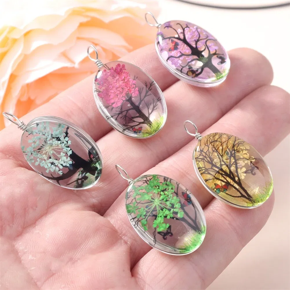 Metal color: Red - 5Pcs Time Gemstone Starry Dried Flower Pendant Round Dried Flower Glass Pendant DIY Necklace Pendant Jewelry Accessories