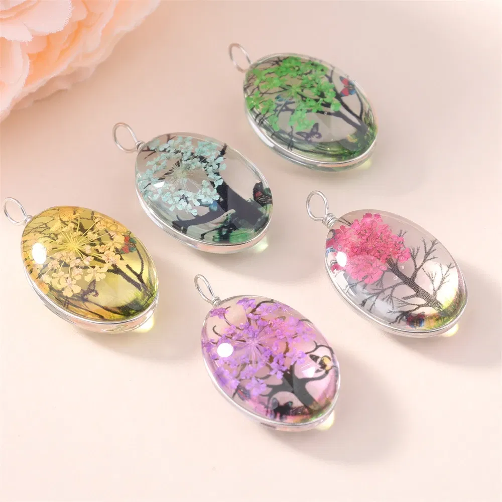 Metal color: Red - 5Pcs Time Gemstone Starry Dried Flower Pendant Round Dried Flower Glass Pendant DIY Necklace Pendant Jewelry Accessories