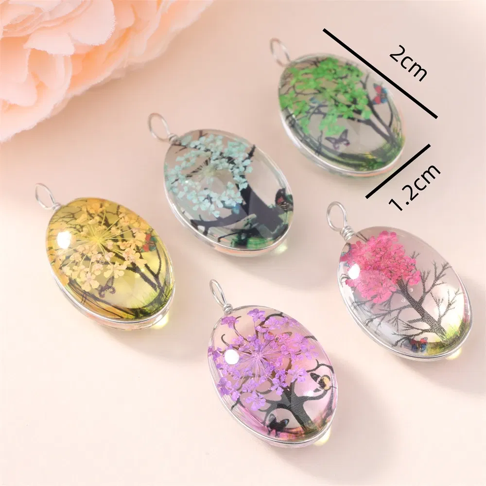 Metal color: Red - 5Pcs Time Gemstone Starry Dried Flower Pendant Round Dried Flower Glass Pendant DIY Necklace Pendant Jewelry Accessories
