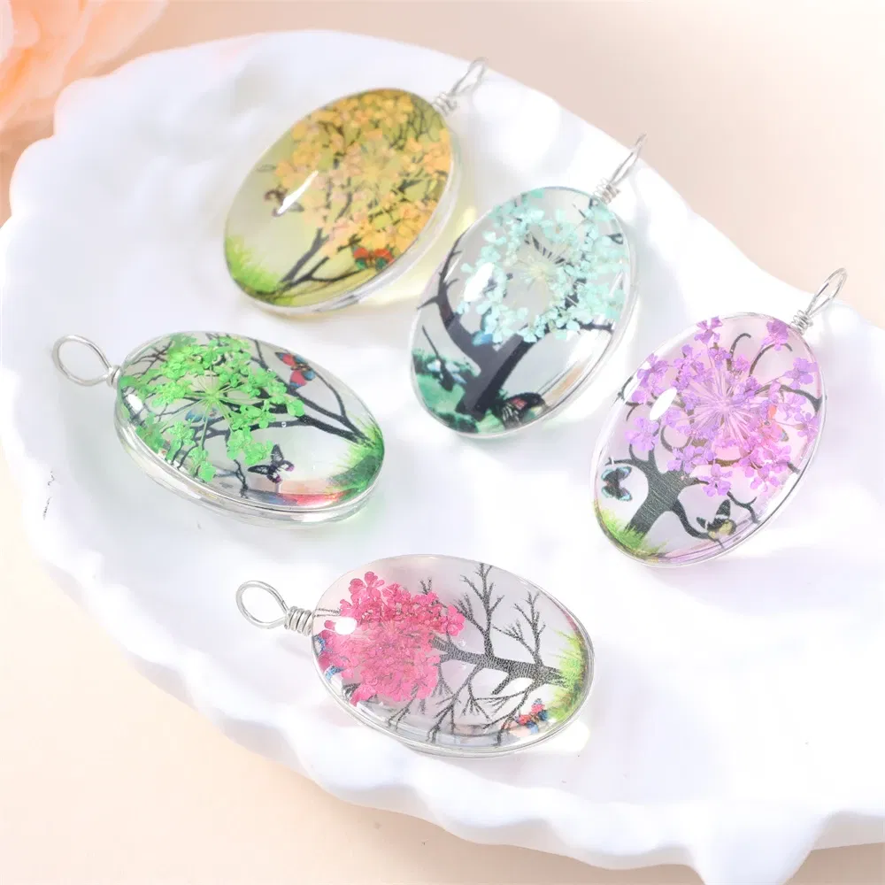 Metal color: Red - 5Pcs Time Gemstone Starry Dried Flower Pendant Round Dried Flower Glass Pendant DIY Necklace Pendant Jewelry Accessories