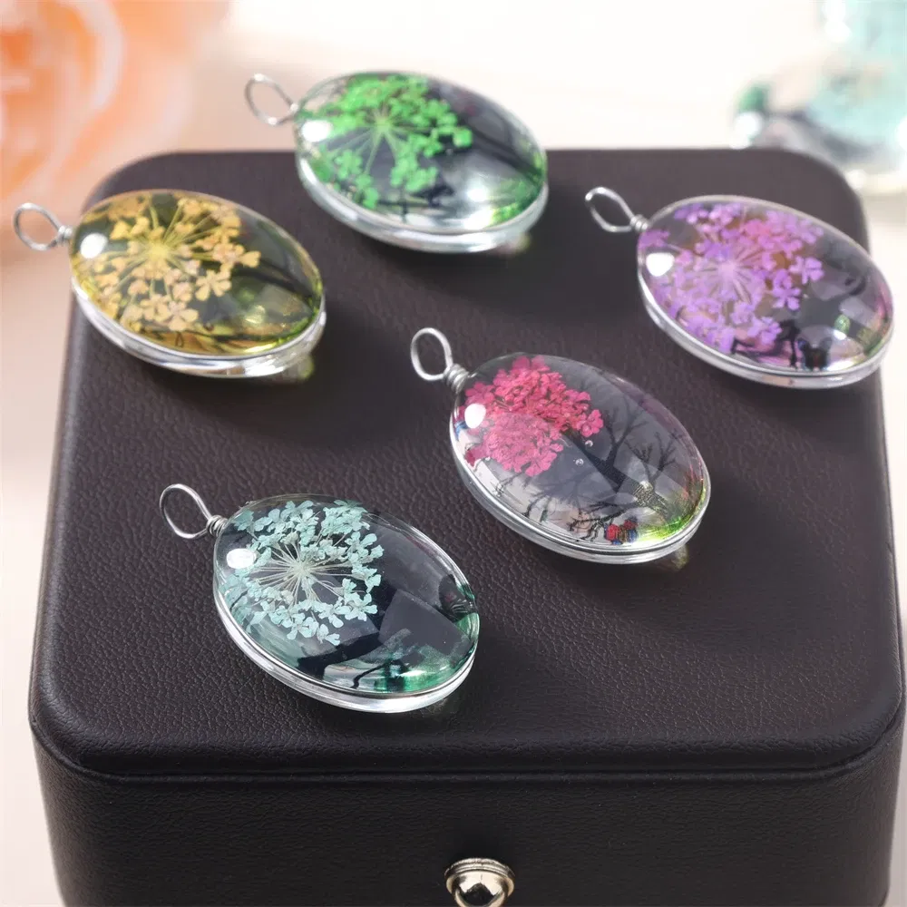 Metal color: Red - 5Pcs Time Gemstone Starry Dried Flower Pendant Round Dried Flower Glass Pendant DIY Necklace Pendant Jewelry Accessories