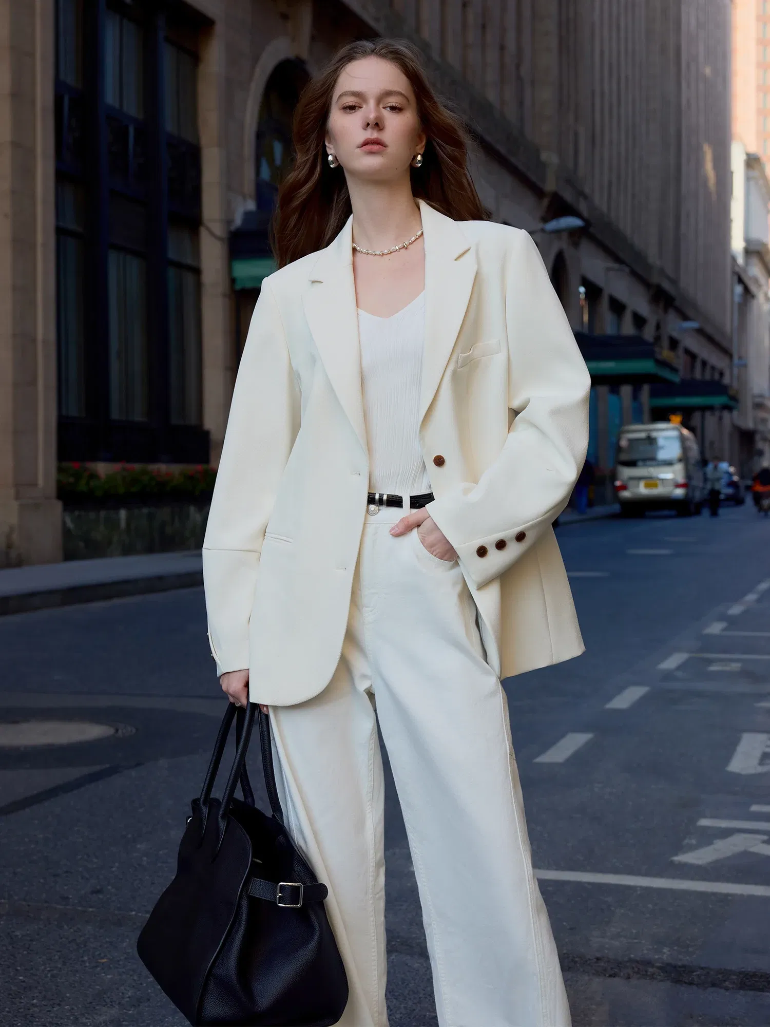 Color: WHITE, Size: M - FSLE Women Beige Blazer Coats 2025 Spring New Casual Commuter Loose Blazer Notched Collar Single Breasted Jackets 25FS11064