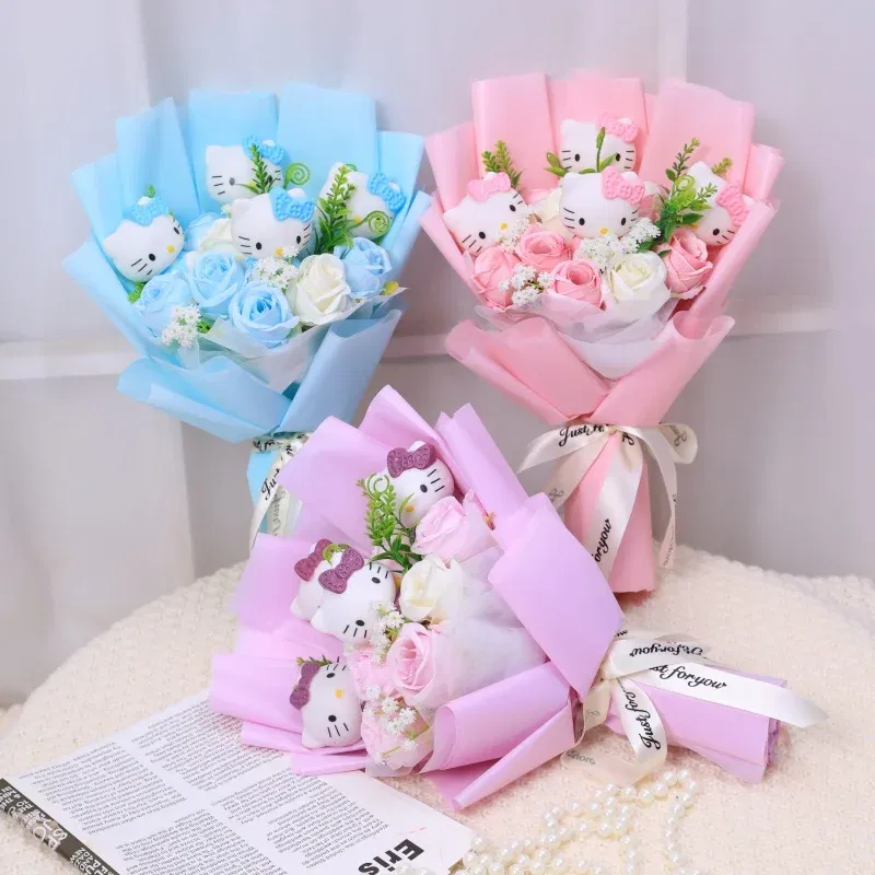 Color: Pinkish Grey - Kawaii Hello Kitty Cat Dolls With Artificial Flowers Creative Bouquet Christmas Valentine Birthday Graduation Gifts