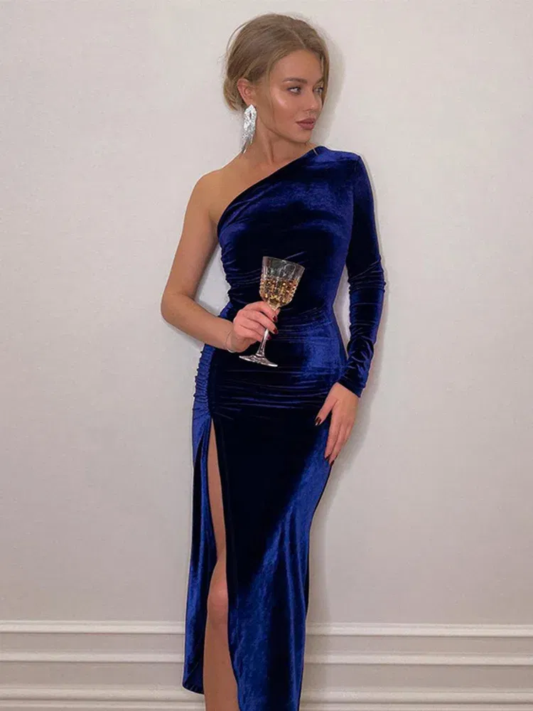 Color: Blue, Size: L - Women Elegant Long Sleeve Party Evening Velvet Bodycon Split Pencil Midi Dress Spring Autumn Clothes