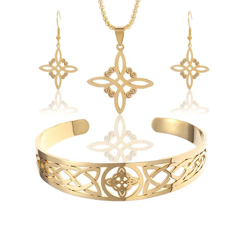 Metal color: light yellow - Witch Knot Cuff Stainless Steel Pagan Witchcraft Symbols Magic Knot Women\'s Good Luck Amulet Bracelet Celtic Knot Bracelet