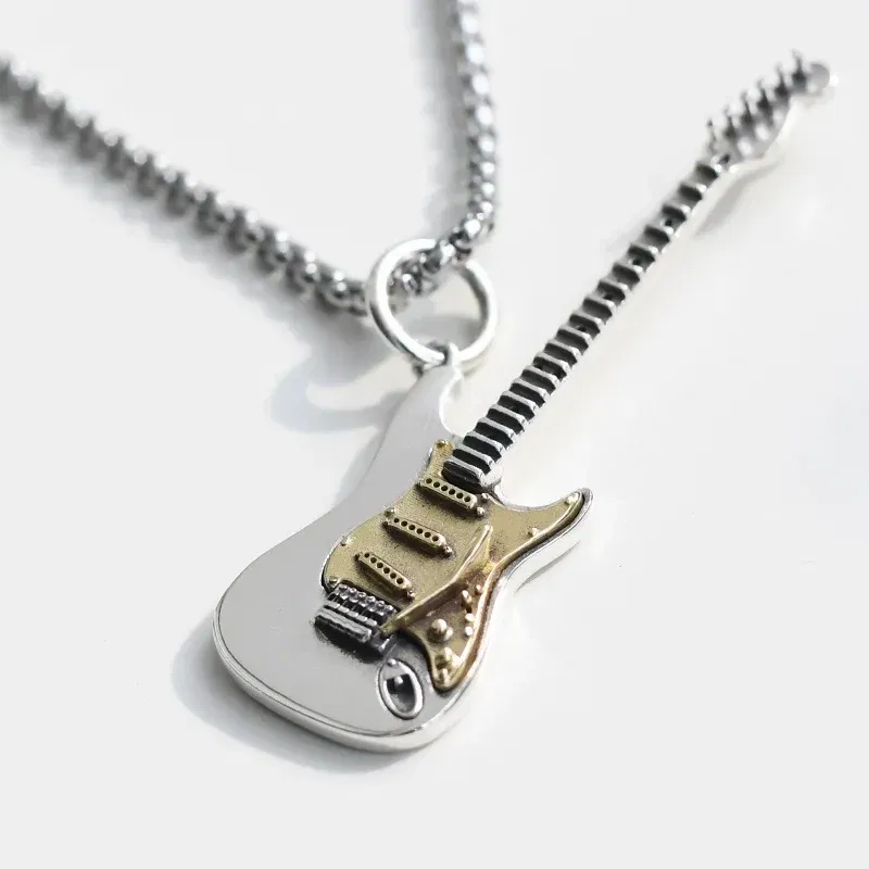 Metal Color: Silver Plated - Retro Punk Music Guitar Necklace for Men Personalized Gothic Pendant Fashion Hip Hop Rock Singer Jewelry Gift