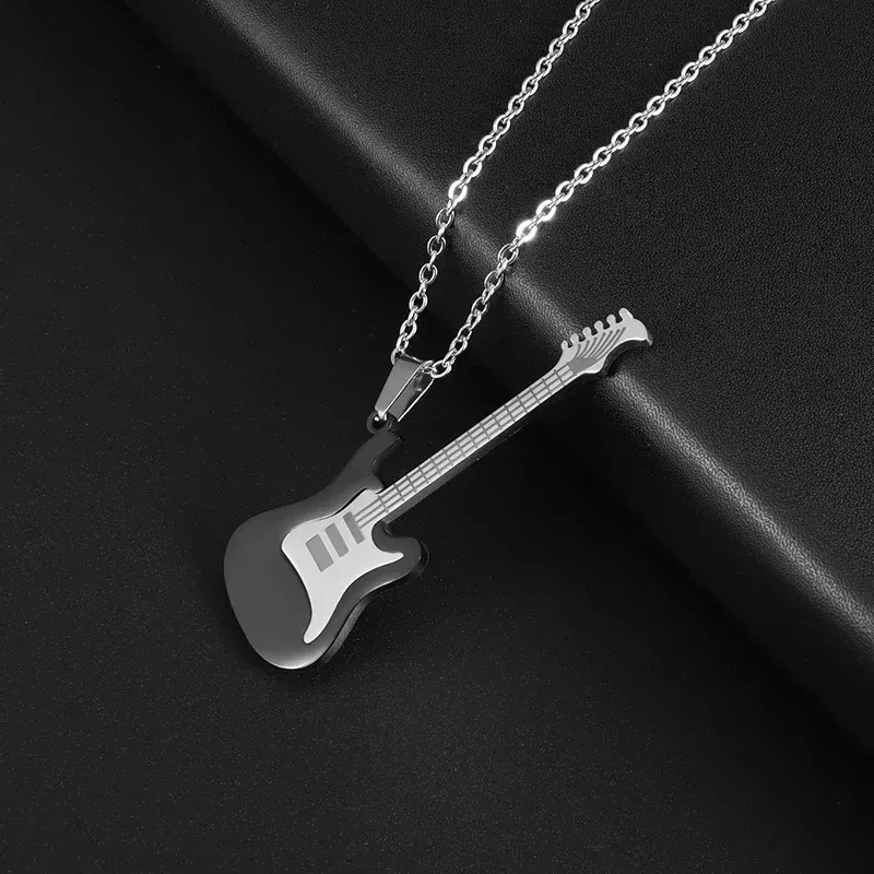 Metal Color: Silver Plated - Retro Punk Music Guitar Necklace for Men Personalized Gothic Pendant Fashion Hip Hop Rock Singer Jewelry Gift
