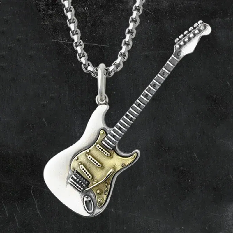 Metal Color: Silver Plated - Retro Punk Music Guitar Necklace for Men Personalized Gothic Pendant Fashion Hip Hop Rock Singer Jewelry Gift