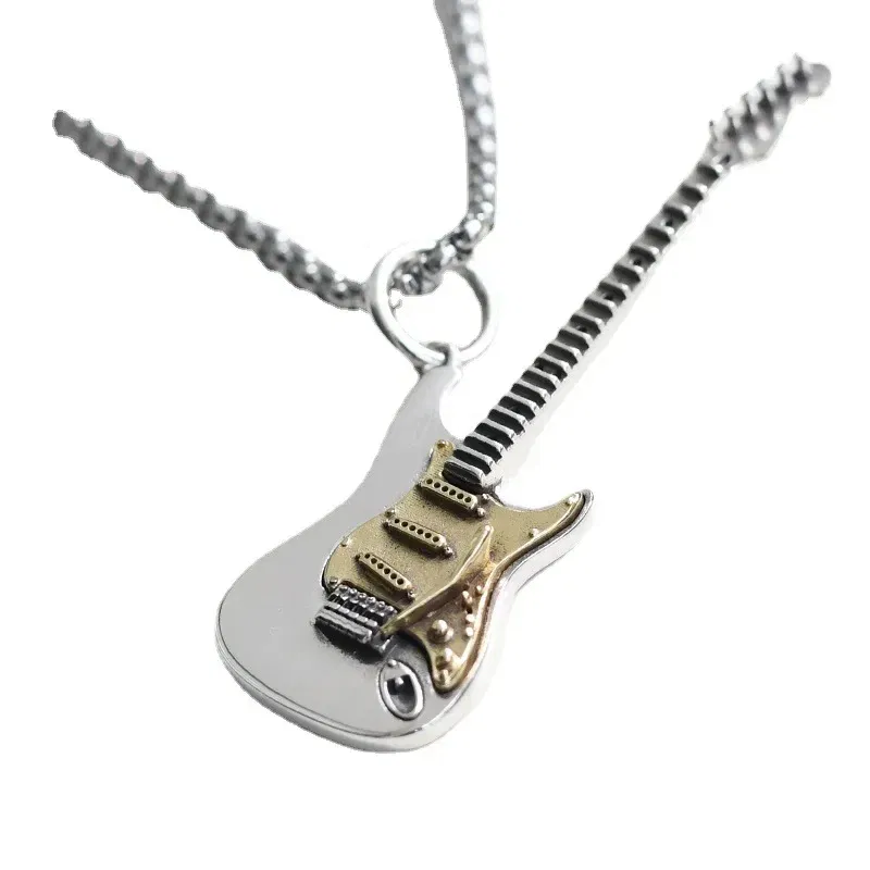 Metal Color: Silver Plated - Retro Punk Music Guitar Necklace for Men Personalized Gothic Pendant Fashion Hip Hop Rock Singer Jewelry Gift