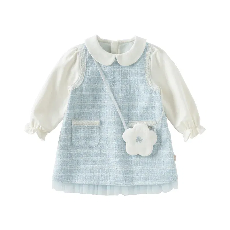 Color: Gold, Kid Size: 34 - Dave Bella Children's Dress 2025 Spring New Girls Baby Gentle Cute Fake Two piece Baby Elegant Princess Dress Party DB1250299