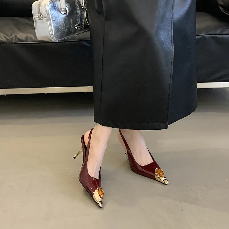 Color: wine red, Shoe Size: 38 - Sexy Women's High Heels Mules 2025 New Fashion Pointed Dress Women's Shoes Open Heel Party High Heels Striptease Sandals Women