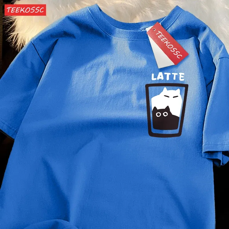 Color: Red, Size: XXL - Mocha Latte Couple Outfit Cat Coffee Couple Male T-Shirts Graphic Cool Tee Shirt High-Quality Oversized Tshirt Comfort Soft