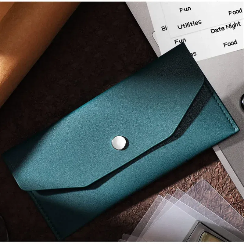 Color: SKY BLUE - Envelope Wallet PU Leather Cash Envelope Wallet Classic Fashion Long Women's Wallet Ferrule Name Card Holder Gift