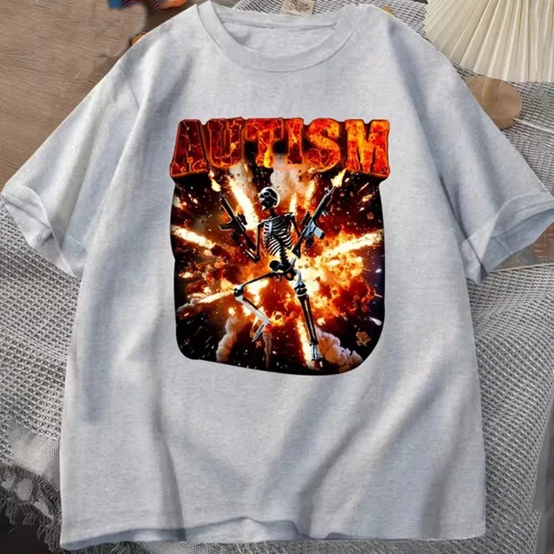 Color: SKY BLUE, Size: L - Autistic Funny Skeleton T Shirt Women Men Autism Edgy Skeleton Meme T-shirt Casual Short Sleeve Tshirt Round Neck Clothes