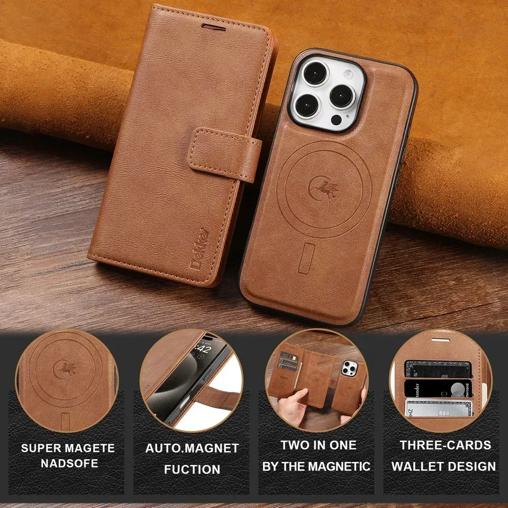 Color: Red, Material: PU - 2 in 1 MagSafe Wallet Case for IPhone 16 Promax 15 Plus 14 Pro Max 13 12 Iphone16 Magnetic Wireless Charging Phone Cover