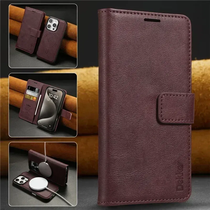 Color: Red, Material: PU - 2 in 1 MagSafe Wallet Case for IPhone 16 Promax 15 Plus 14 Pro Max 13 12 Iphone16 Magnetic Wireless Charging Phone Cover