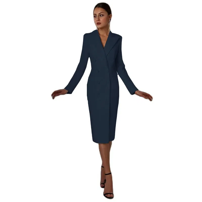 Color: Navy Blue, Size: S - Women's Suit Long Blazer Double Breasted Jacket White Tuxedo Party Point Lapel Clothes спор?‚ивн?‹й кос?‚юм ?¶?µнск