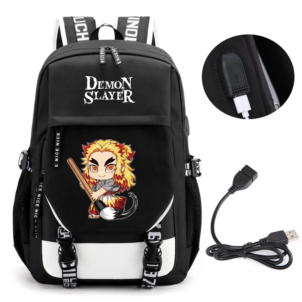 Color: DEEP BLUE - Anime Demon Slayer Kamado Nezuko Backpack School Book Bags Mochila Travel USB Port Bag Laptop Boy Girls Gift