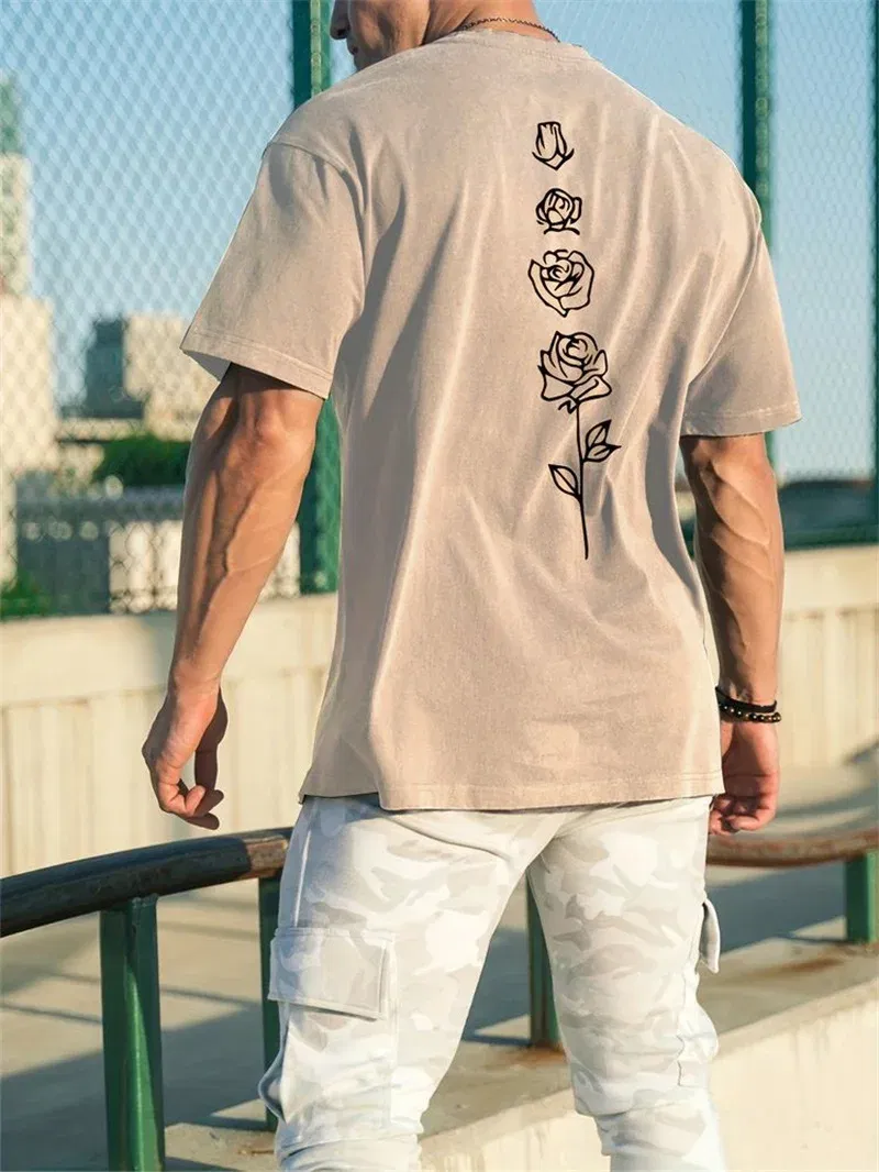 Color: Khaki, Size: M - Men's Summer Loose Fit  100 Cotton Rose pattern Print T-shirt Tops