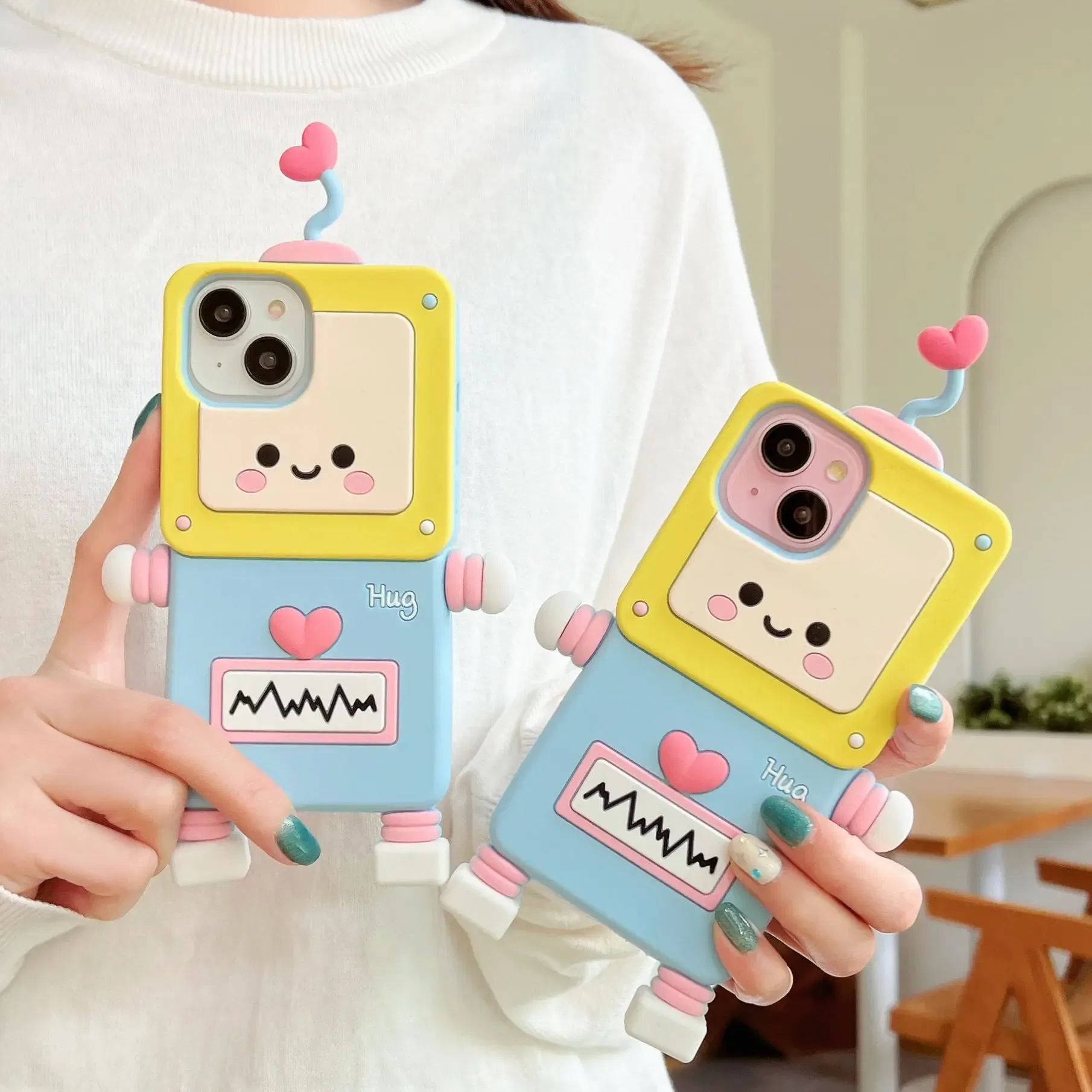Material: PP, Color: Beige - New Cartoon Love Antenna Robot Phone Case For iPhone 15 14 13 12 Pro Max 11 Drop Resistant Case Card