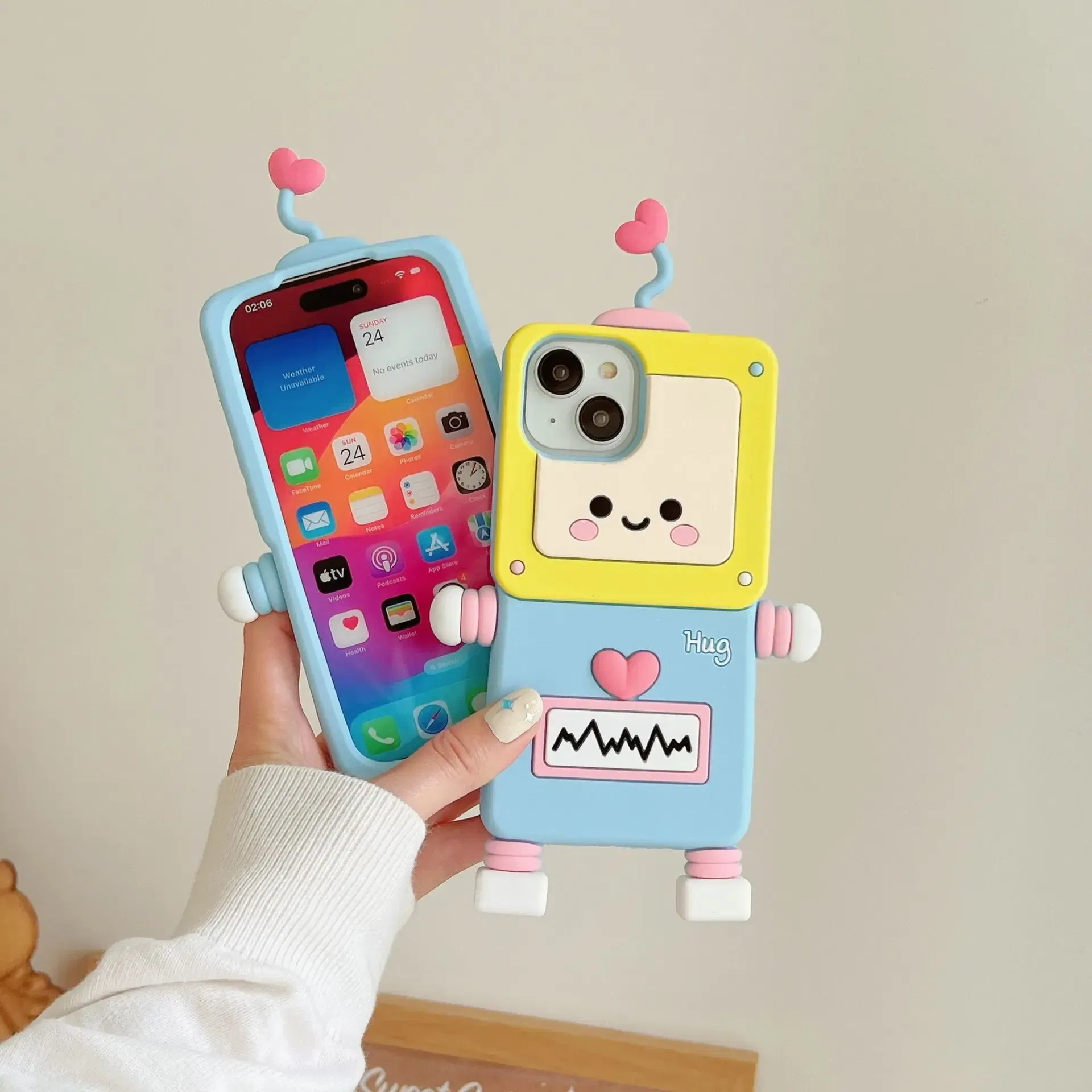 Material: PP, Color: Beige - New Cartoon Love Antenna Robot Phone Case For iPhone 15 14 13 12 Pro Max 11 Drop Resistant Case Card
