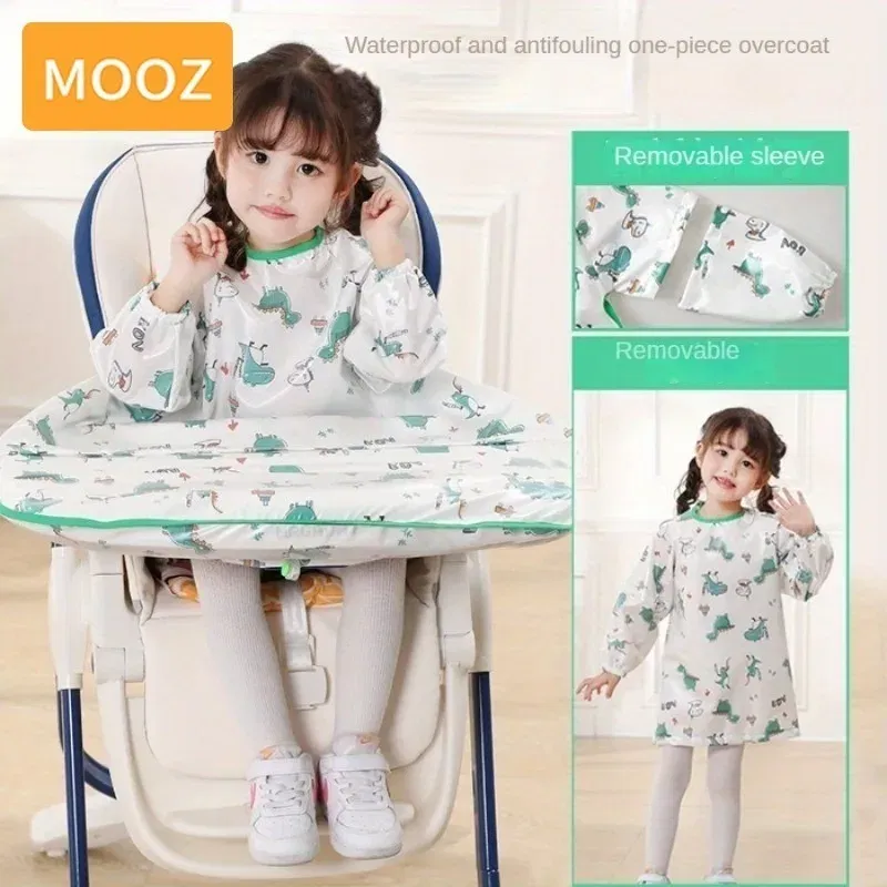 Color: GRAY - MOOZ Waterproof Eating Smock Infant Toddler Baby Cartoon Long Sleeve Art Apron Feeding Bib for Boys Girls Soft Baby Bibs Clothes