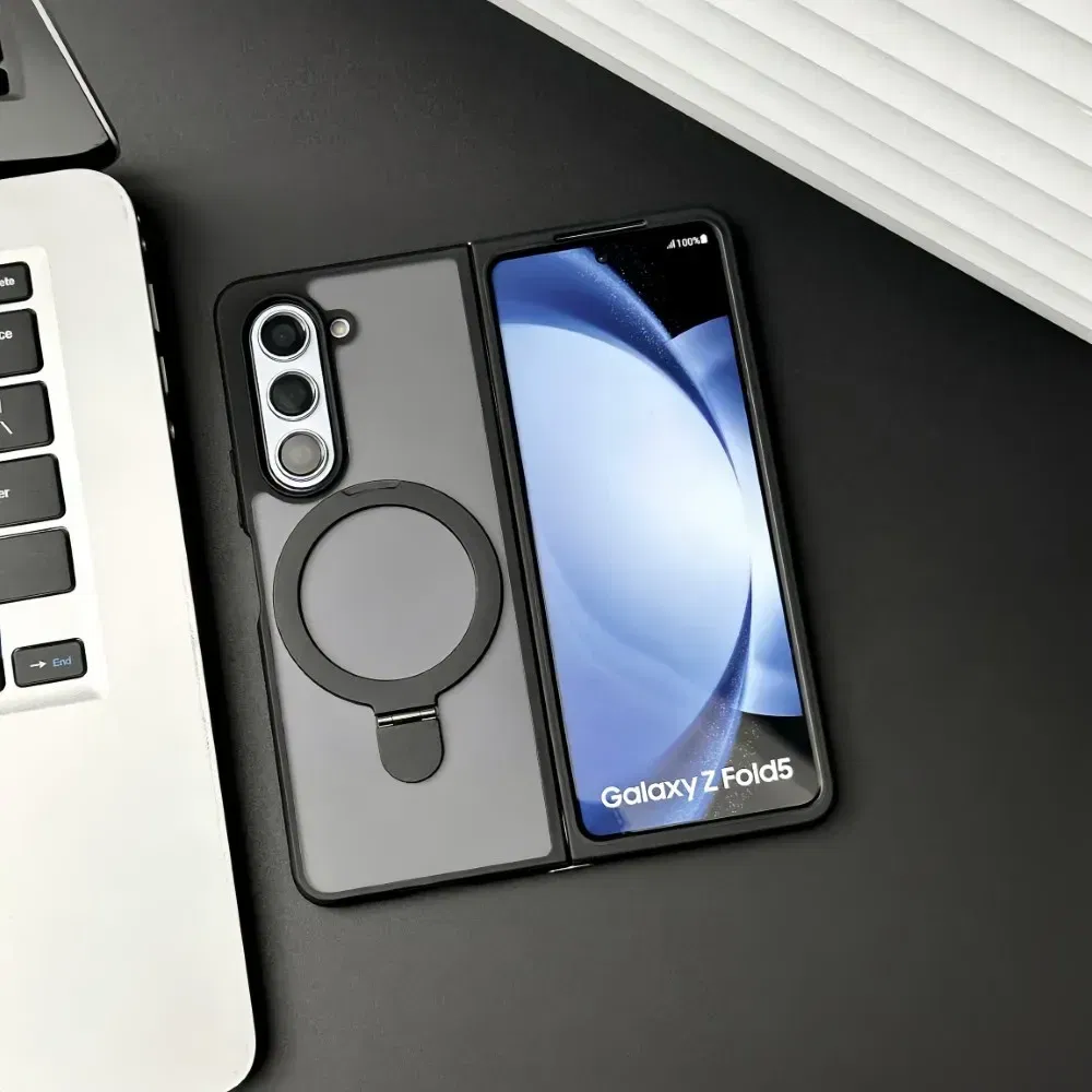 Color: black, Material: aluminum - For Samsung Galaxy Z Fold 5 6 Magsafe Case Matte Translucency Ring Bracket Folding Shockproof Magnetic Wireless Charging Cover