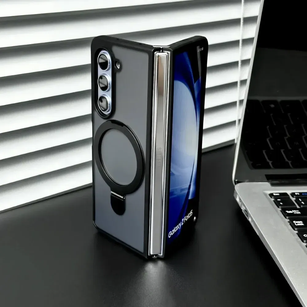 Color: black, Material: aluminum - For Samsung Galaxy Z Fold 5 6 Magsafe Case Matte Translucency Ring Bracket Folding Shockproof Magnetic Wireless Charging Cover