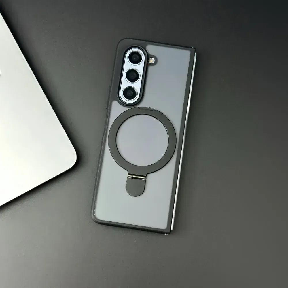 Color: black, Material: aluminum - For Samsung Galaxy Z Fold 5 6 Magsafe Case Matte Translucency Ring Bracket Folding Shockproof Magnetic Wireless Charging Cover