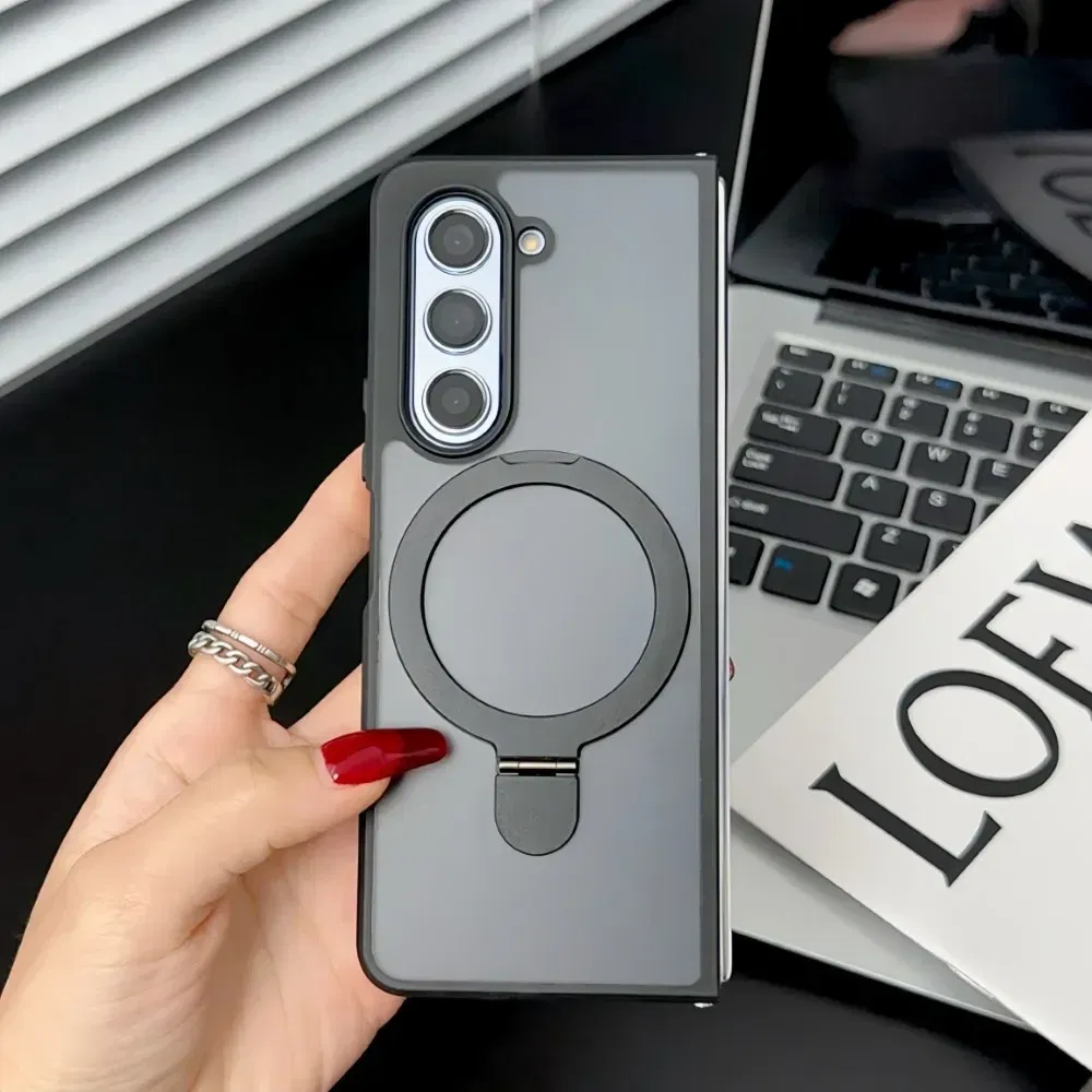 Color: black, Material: aluminum - For Samsung Galaxy Z Fold 5 6 Magsafe Case Matte Translucency Ring Bracket Folding Shockproof Magnetic Wireless Charging Cover
