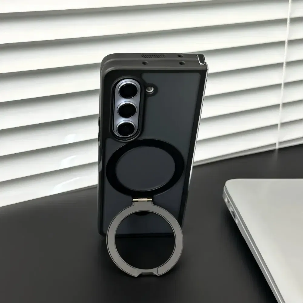 Color: black, Material: aluminum - For Samsung Galaxy Z Fold 5 6 Magsafe Case Matte Translucency Ring Bracket Folding Shockproof Magnetic Wireless Charging Cover
