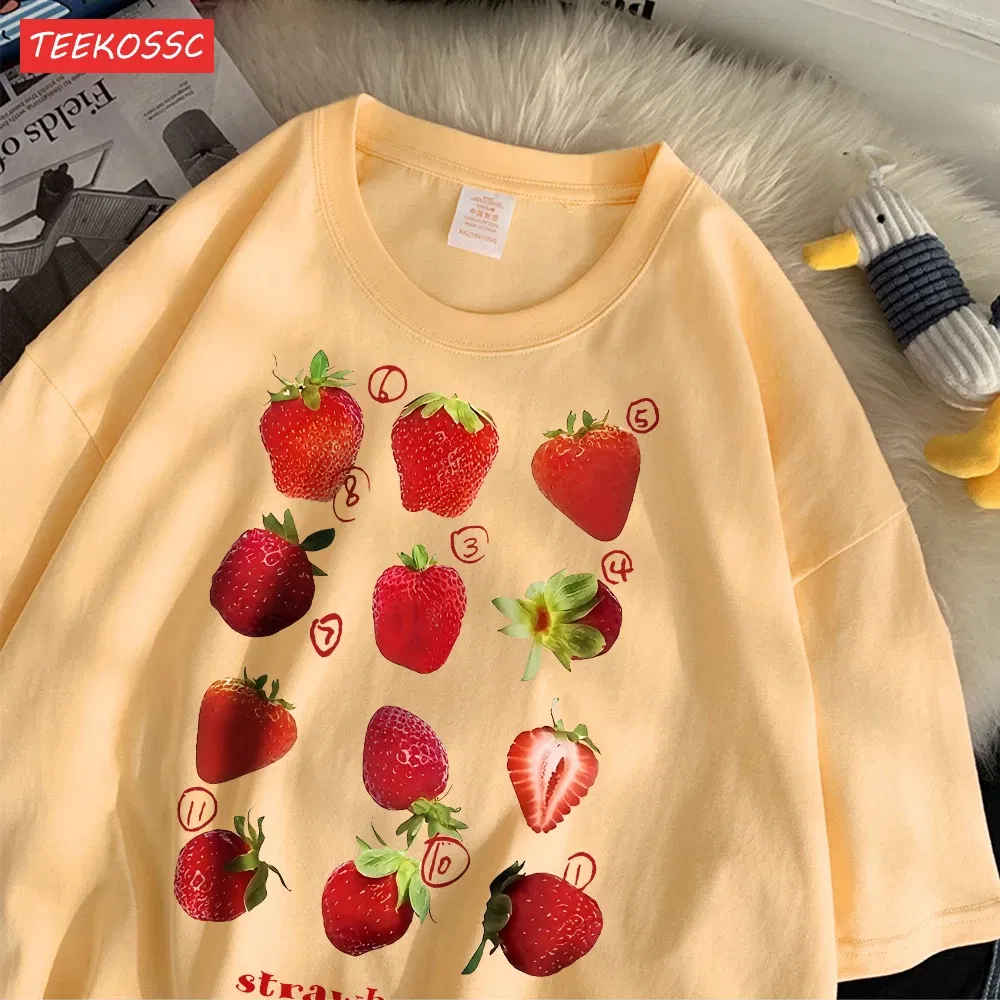 Color: Light Yellow, Size: M - 100% Cotton Women T-shirt Cute Fresh Strawberries Printed Tee Shirt Summer Comfortable Loose Tops Street Fashion Female Clothes