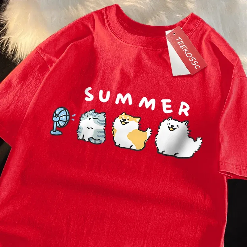 Color: green, Size: M - Cats And Dogs Blowing Fans Print T Shirts Men Women Cute Crewneck Clothes Loose Summer T-Shirts Fashion Cotton Short Sleeve