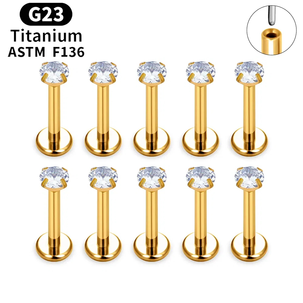 Metal color: Light Yellow Color, Ships From: CHINA, Main Stone Color: GRAY - 10PCS ASTM F136 G23 Titanium Piercing Labret Lip Ring Stud Earring CZ Ear Tragus Cartilage Helix Daith Pierc Jewelry 16/18/20g