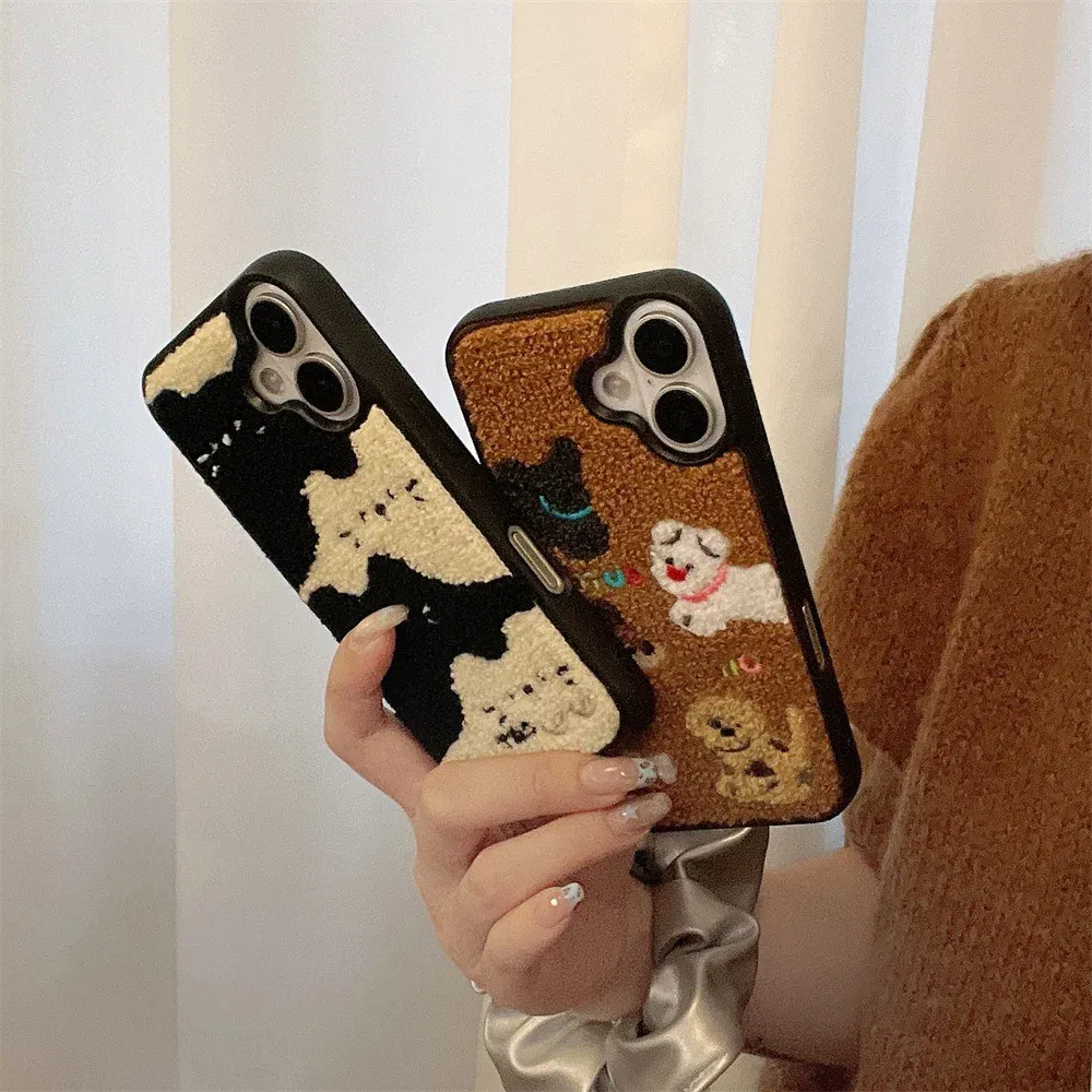 Color: black, Material: Carbon Fiber - Luxury Cartoon Embroidery Cute Dog Cats Colorful Dots Phone Case For iPhone 13 14 15 16 Pro Max Plush Winter Shockproof Cover