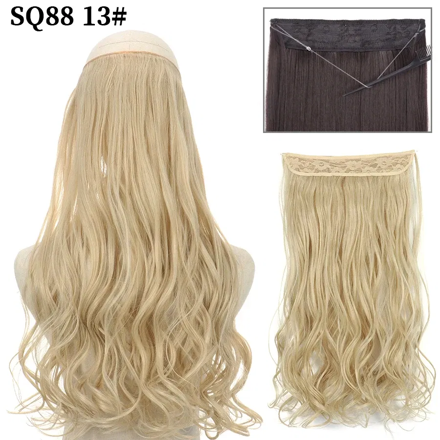 Color: P1B/27, Stretched Length: 22inches, Ships From: CHINA - Synthetic Natural Wavy No Clip Fish Line Invisible Hair Extensions Mixed Color Blonde Black Artificial False Hair Piece ForWomen