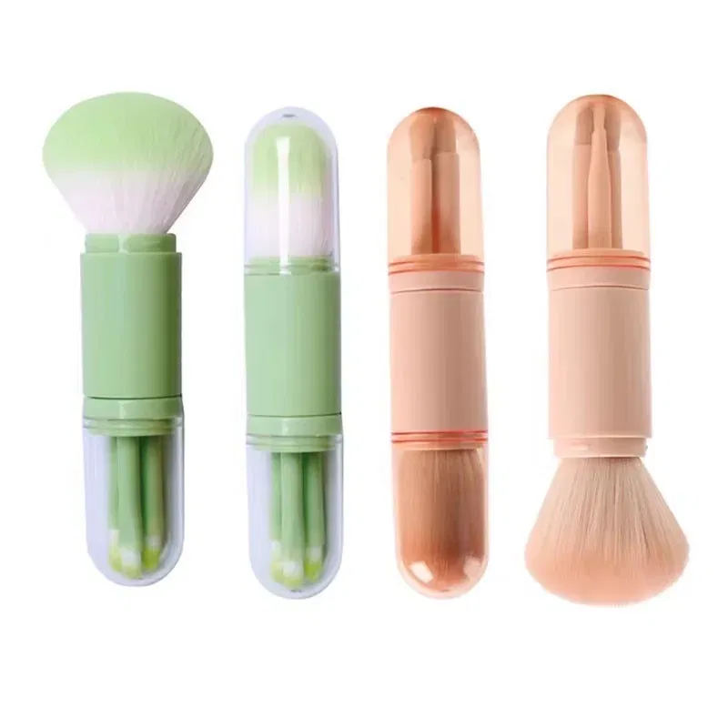 Handle Color: green - 4pcs/set 4 In 1 Telescopic Makeup Brush Portable Travel Makeup Brushes Set Eyeshadow Loose Powder Mini Makeup Brush Beauty Tools