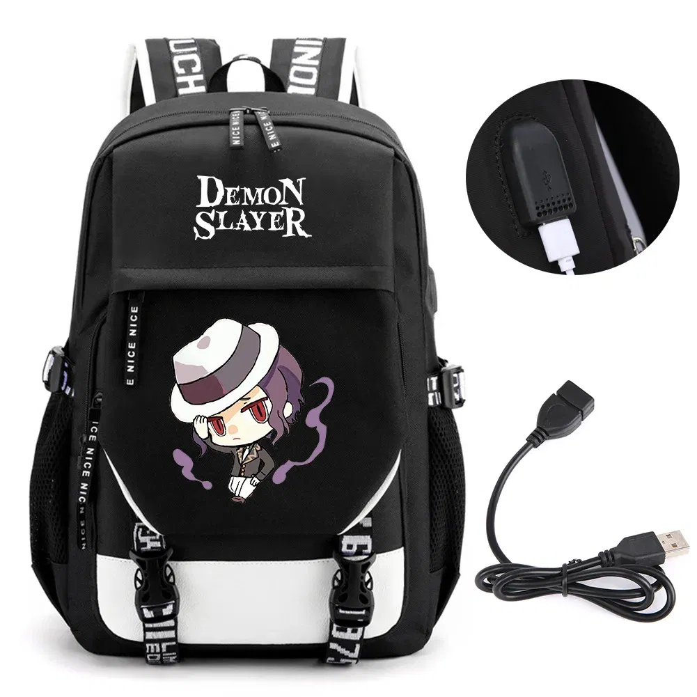 Color: Light Grey - Anime Demon Slayer Kamado Nezuko Backpack School Book Bags Mochila Travel USB Port Bag Laptop Boy Girls Gift