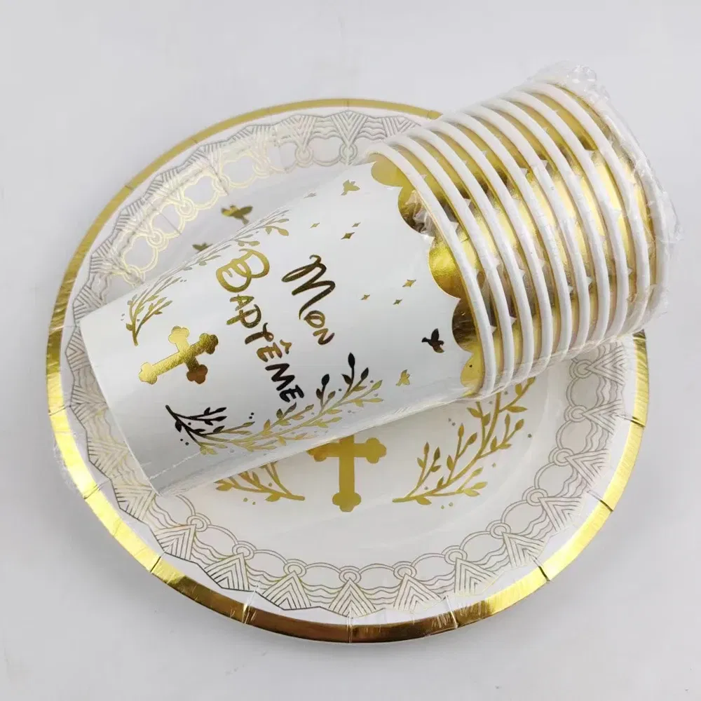 Color: Olive - 20 Pieces French Mon Baptême 7inch Paper Plate and 250ml Paper Cup